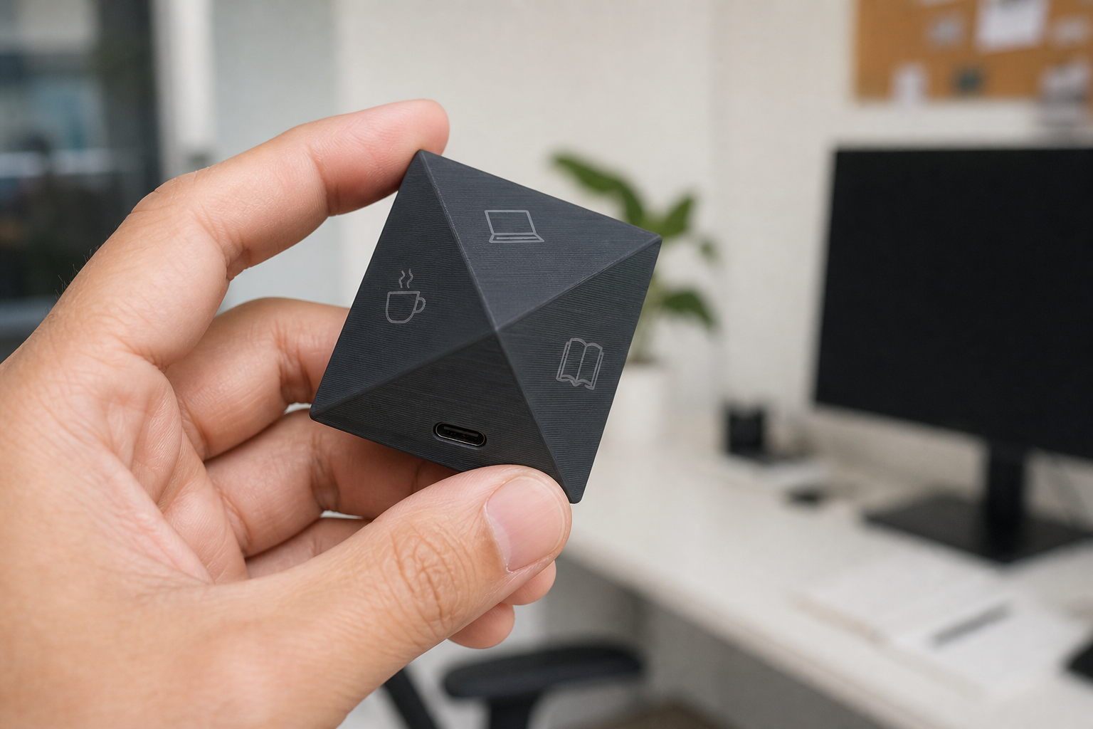 Hand holding TaskMate cube showing scale